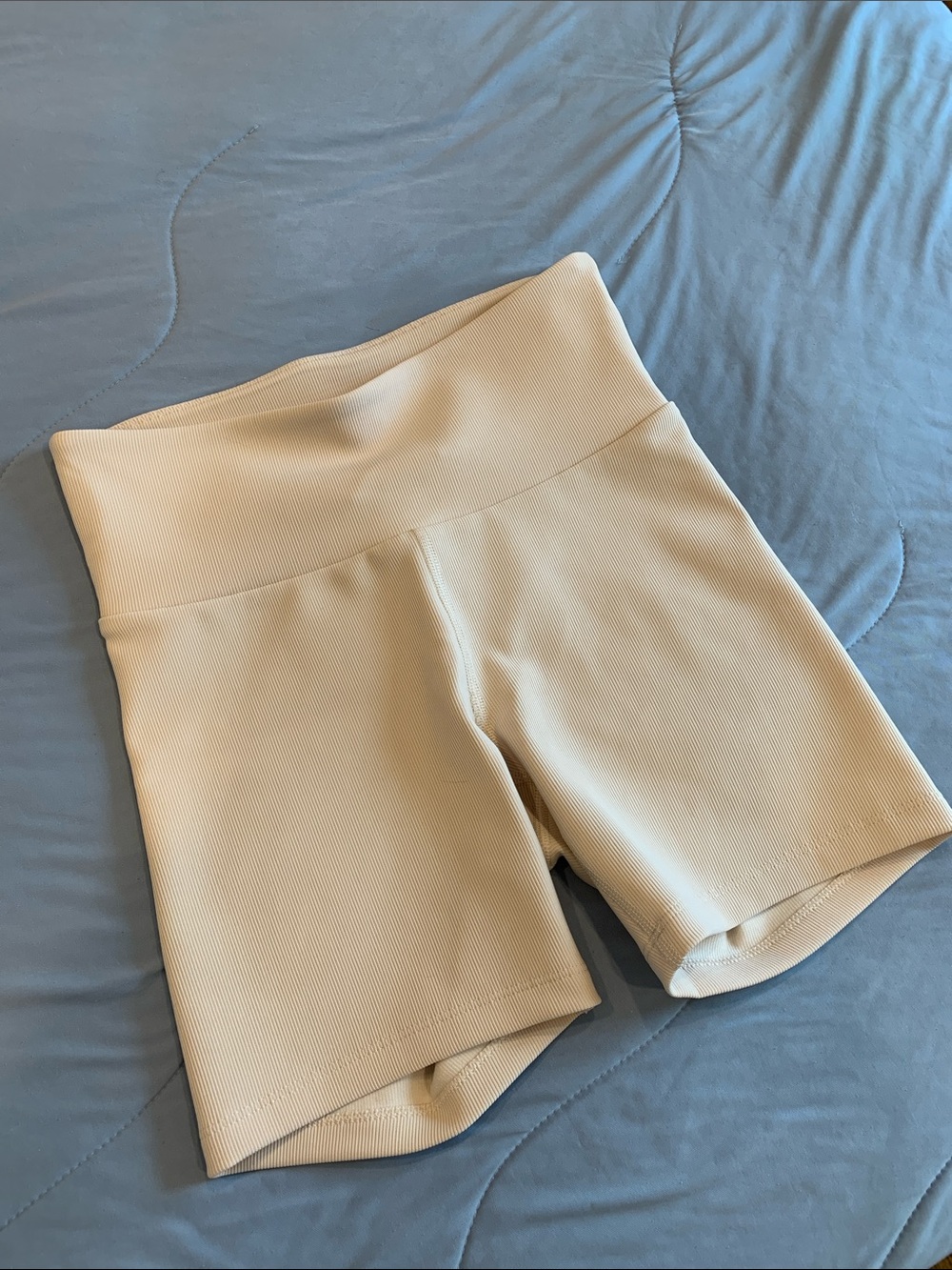 Sincerely Jules Cream Ribbed High-Waist Bike Shorts